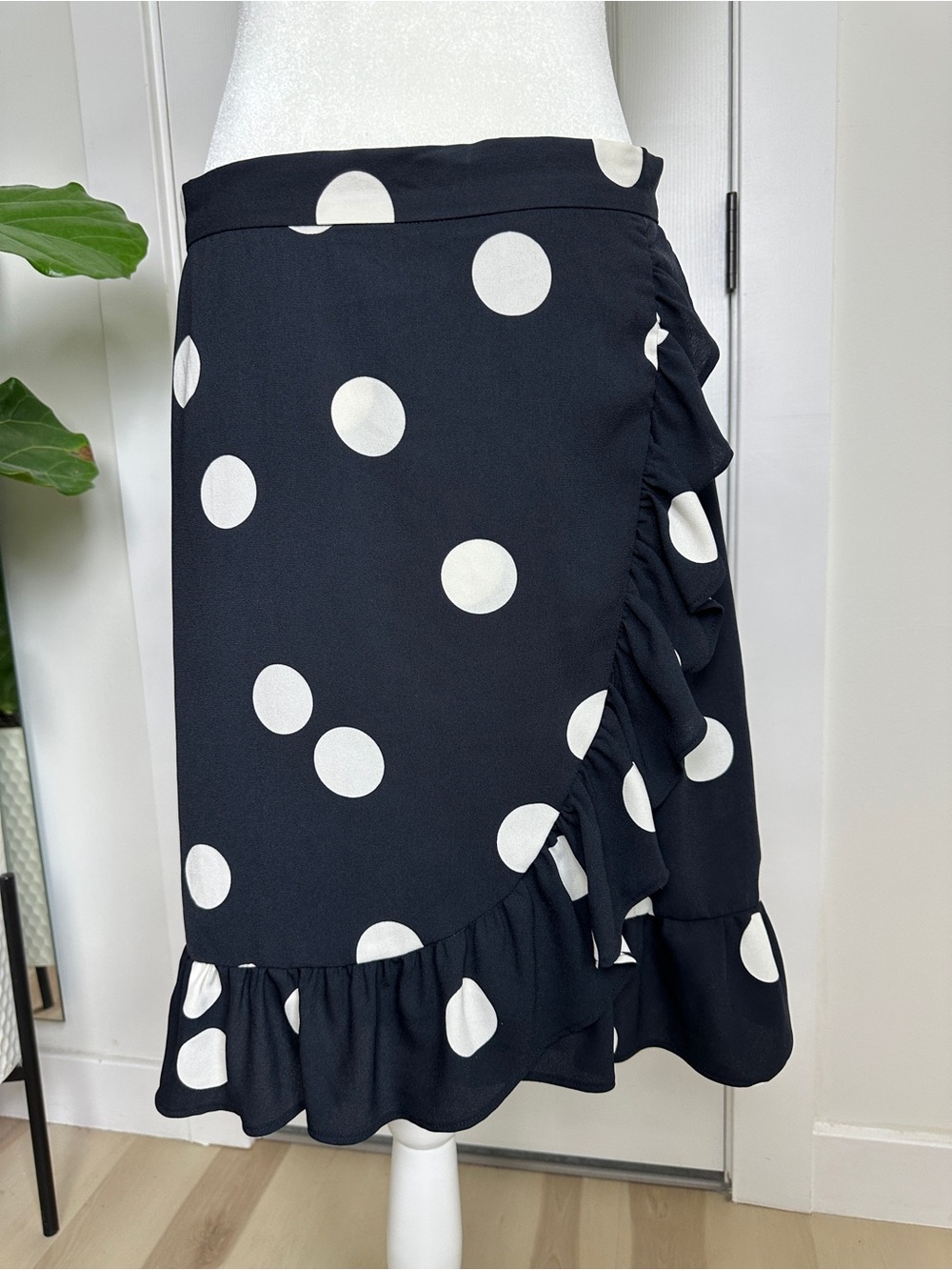 Black White Polka Dot Ruffle Faux Wrap Midi Skirt Size 12 Retro